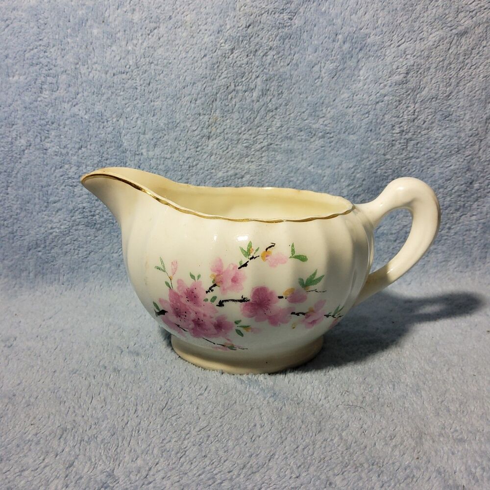Vintage W.S. George Bolero Creamer Pitcher Pink Floral Cherry Blossom Gold Trim